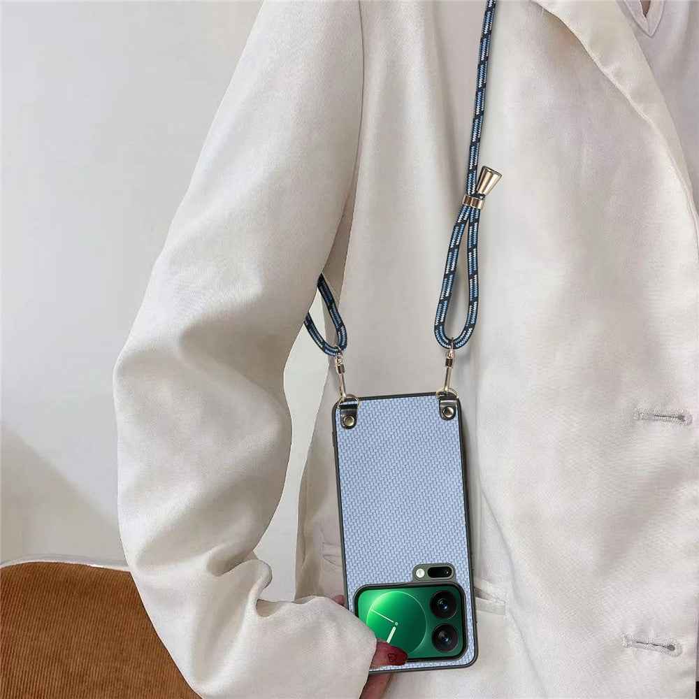 For Xiaomi 17 Pro Case Carbon Fiber Texture Hybrid Phone Back Cover with Adjustable Strap - Blue
