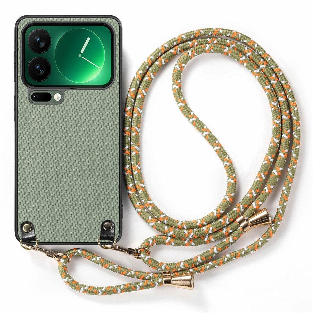 For Xiaomi 17 Pro Max Case Carbon Fiber Texture Hybrid Phone Back Cover with Adjustable Strap - Green