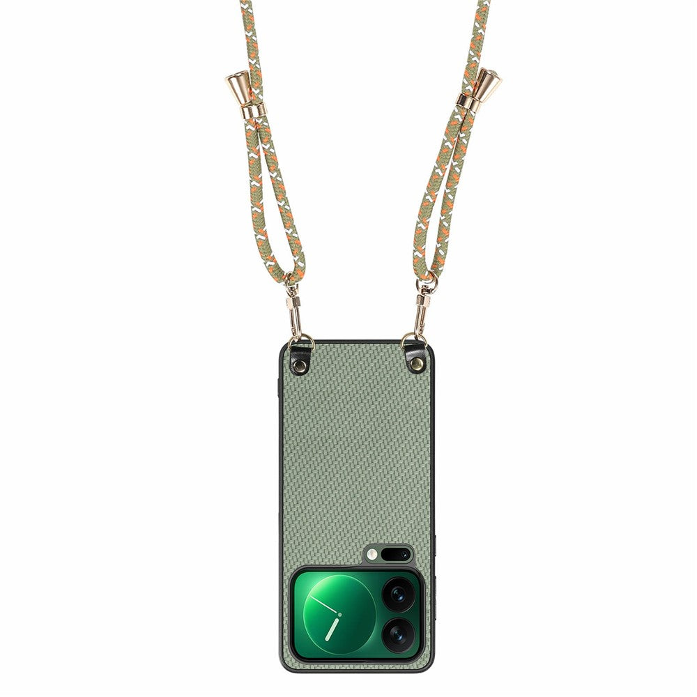 For Xiaomi 17 Pro Max Case Carbon Fiber Texture Hybrid Phone Back Cover with Adjustable Strap - Green