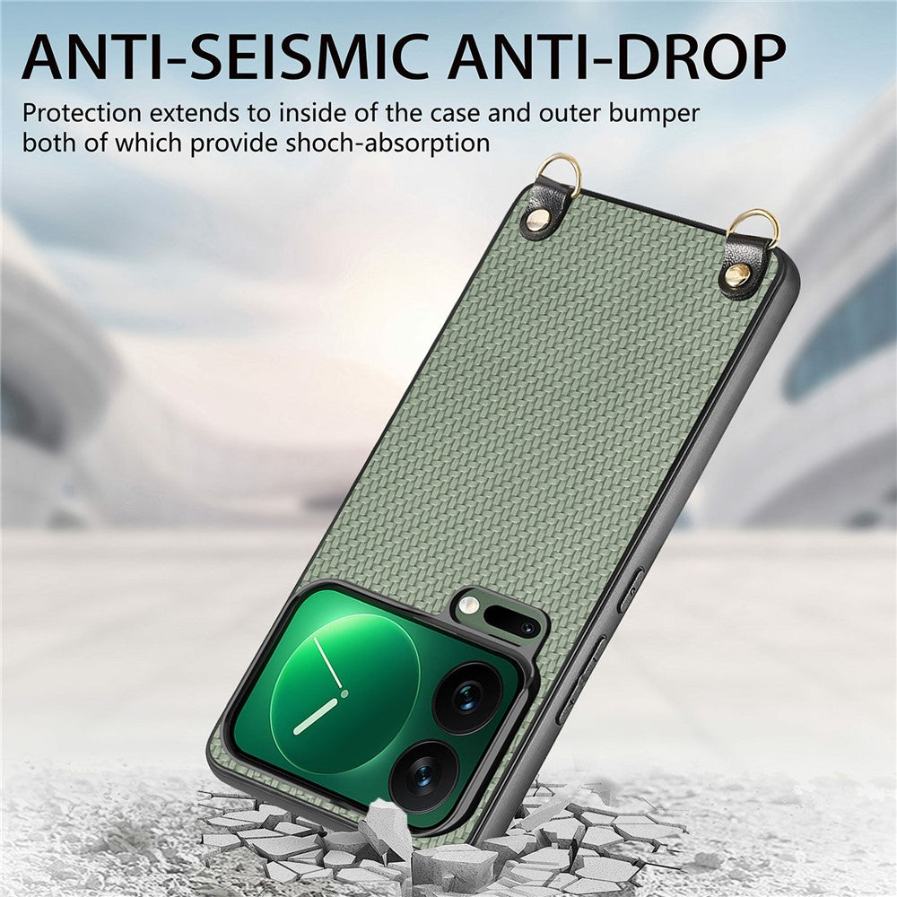 For Xiaomi 17 Pro Max Case Carbon Fiber Texture Hybrid Phone Back Cover with Adjustable Strap - Green