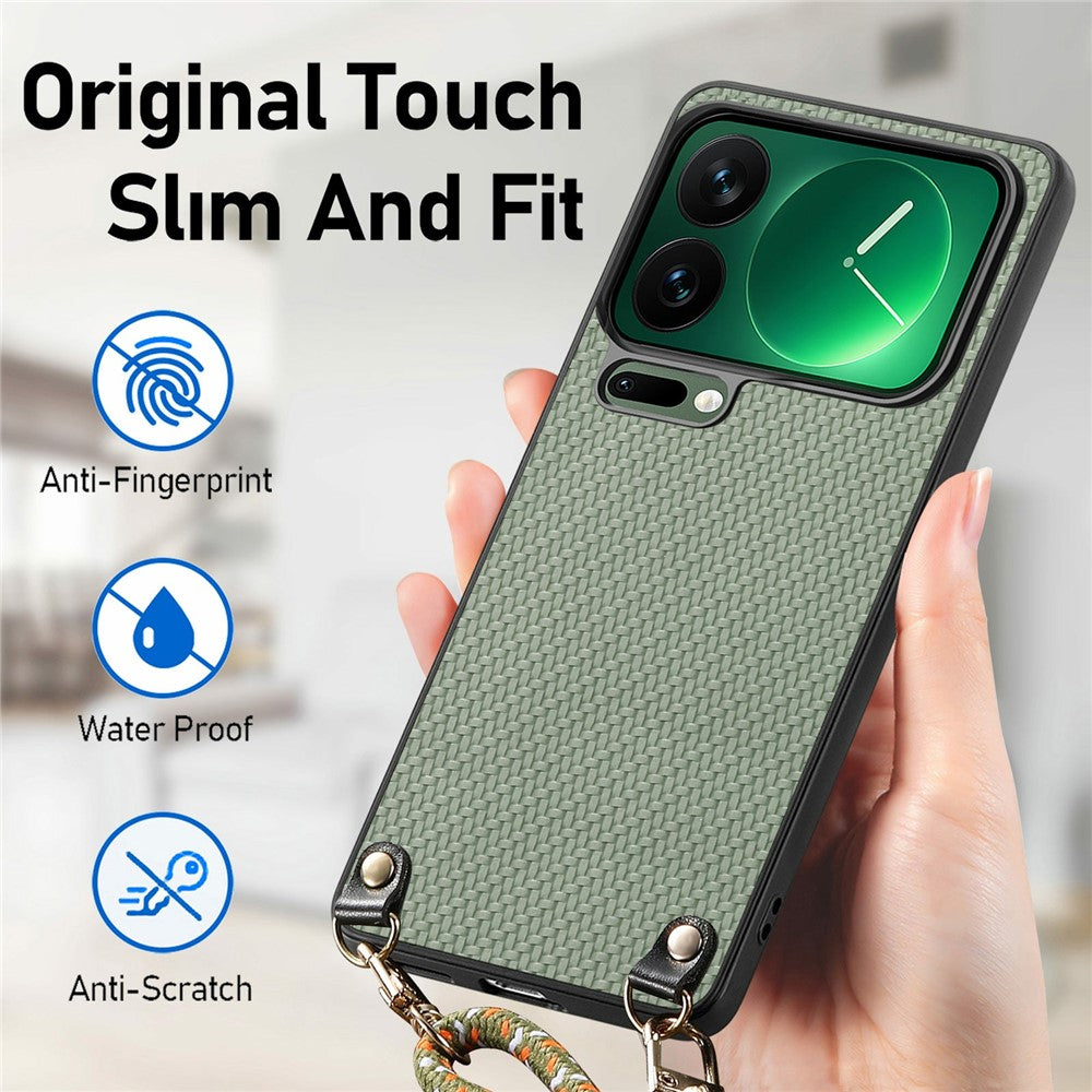 For Xiaomi 17 Pro Max Case Carbon Fiber Texture Hybrid Phone Back Cover with Adjustable Strap - Green