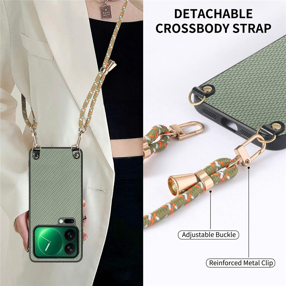 For Xiaomi 17 Pro Max Case Carbon Fiber Texture Hybrid Phone Back Cover with Adjustable Strap - Green
