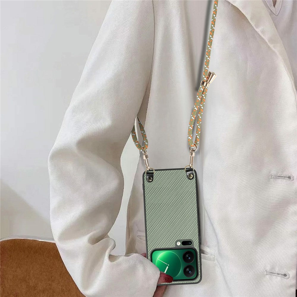 For Xiaomi 17 Pro Max Case Carbon Fiber Texture Hybrid Phone Back Cover with Adjustable Strap - Green