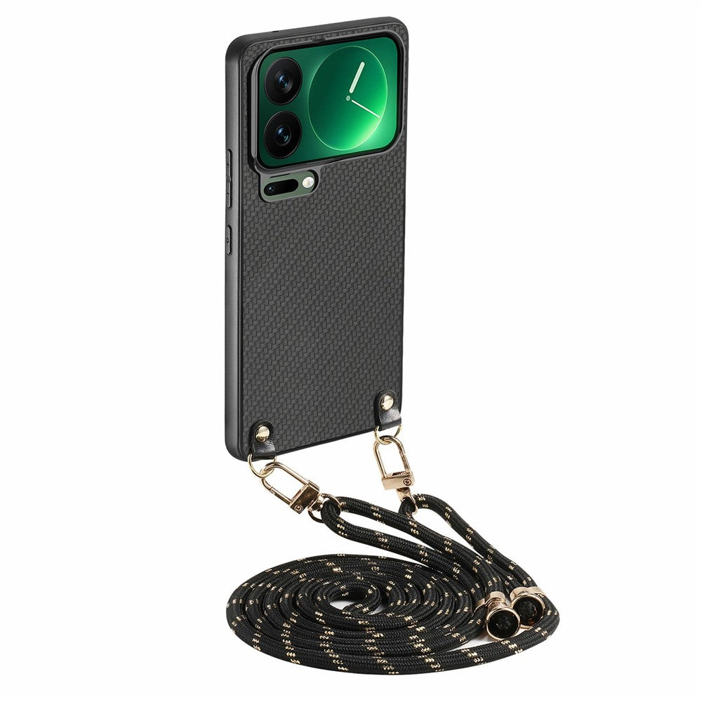 For Xiaomi 17 Pro Max Case Carbon Fiber Texture Hybrid Phone Back Cover with Adjustable Strap - Black