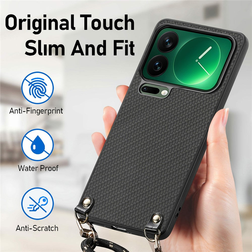 For Xiaomi 17 Pro Max Case Carbon Fiber Texture Hybrid Phone Back Cover with Adjustable Strap - Black