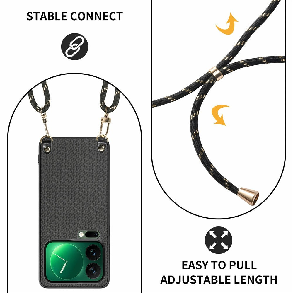 For Xiaomi 17 Pro Max Case Carbon Fiber Texture Hybrid Phone Back Cover with Adjustable Strap - Black