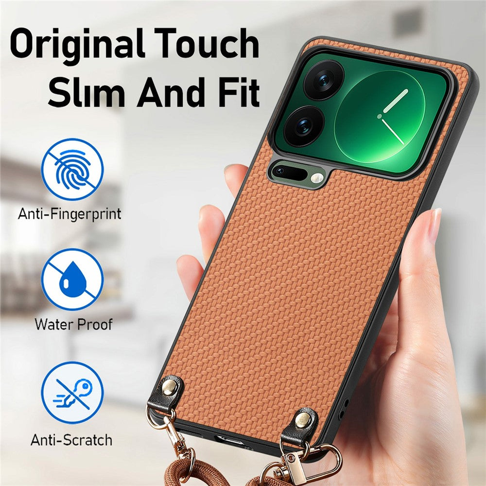 For Xiaomi 17 Pro Max Case Carbon Fiber Texture Hybrid Phone Back Cover with Adjustable Strap - Brown