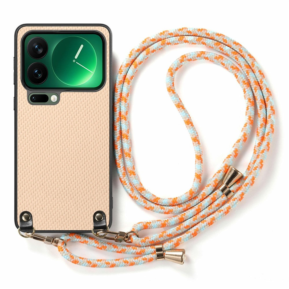 For Xiaomi 17 Pro Max Case Carbon Fiber Texture Hybrid Phone Back Cover with Adjustable Strap - Apricot