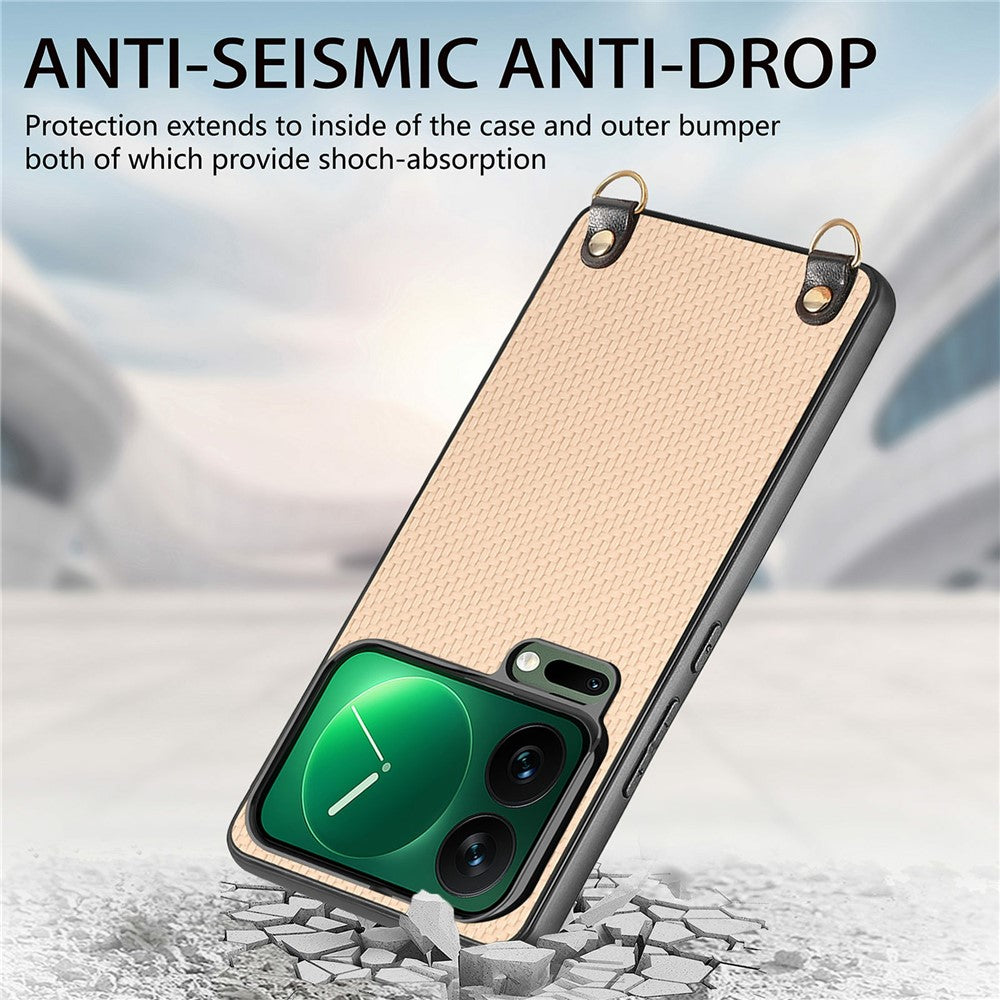 For Xiaomi 17 Pro Max Case Carbon Fiber Texture Hybrid Phone Back Cover with Adjustable Strap - Apricot