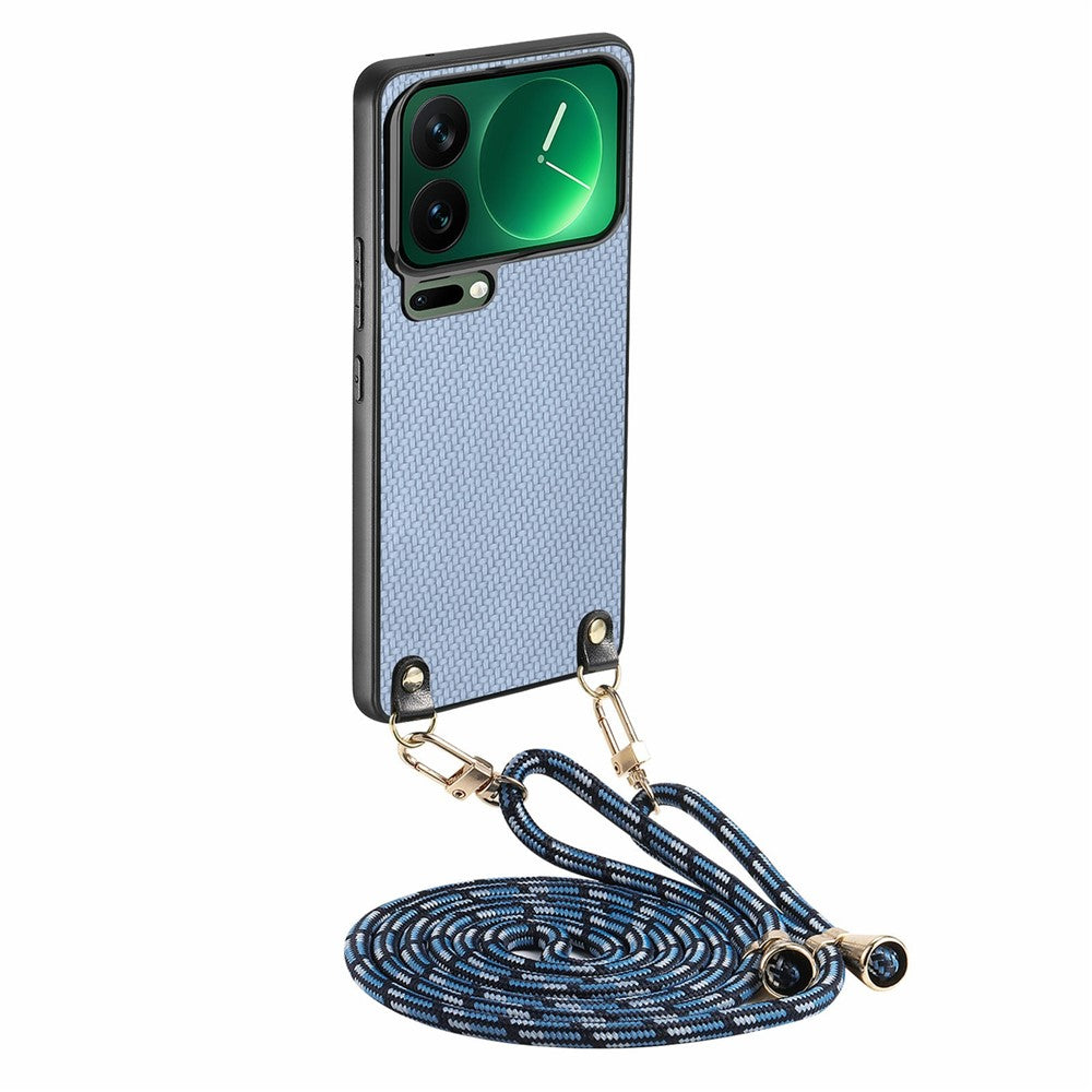 For Xiaomi 17 Pro Max Case Carbon Fiber Texture Hybrid Phone Back Cover with Adjustable Strap - Blue