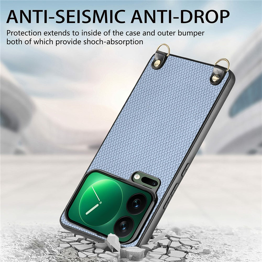 For Xiaomi 17 Pro Max Case Carbon Fiber Texture Hybrid Phone Back Cover with Adjustable Strap - Blue