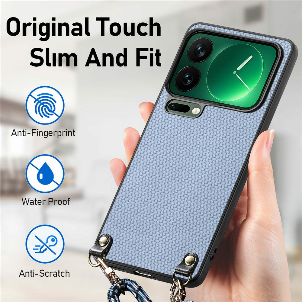 For Xiaomi 17 Pro Max Case Carbon Fiber Texture Hybrid Phone Back Cover with Adjustable Strap - Blue