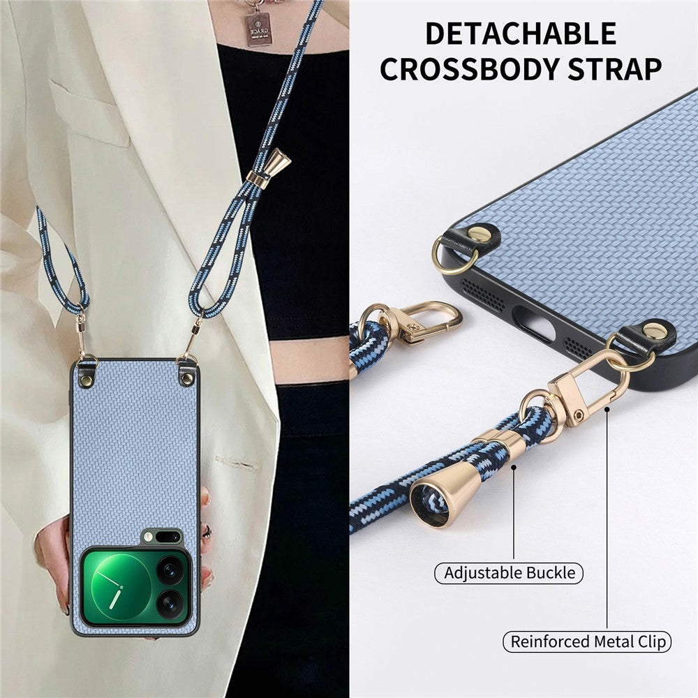 For Xiaomi 17 Pro Max Case Carbon Fiber Texture Hybrid Phone Back Cover with Adjustable Strap - Blue