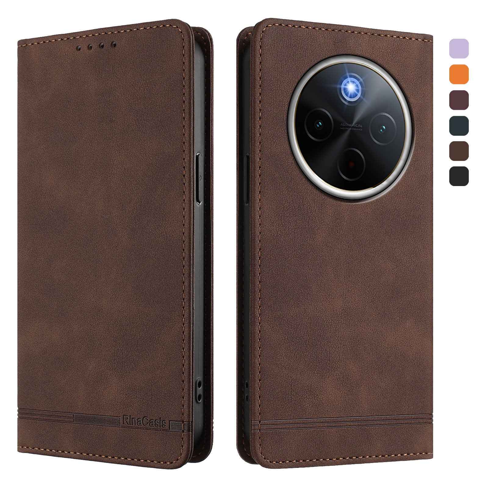 For vivo X300 Pro 5G Case RINACASIS RC23 RFID Blocking Wallet Stand PU Leather Phone Cover - Brown