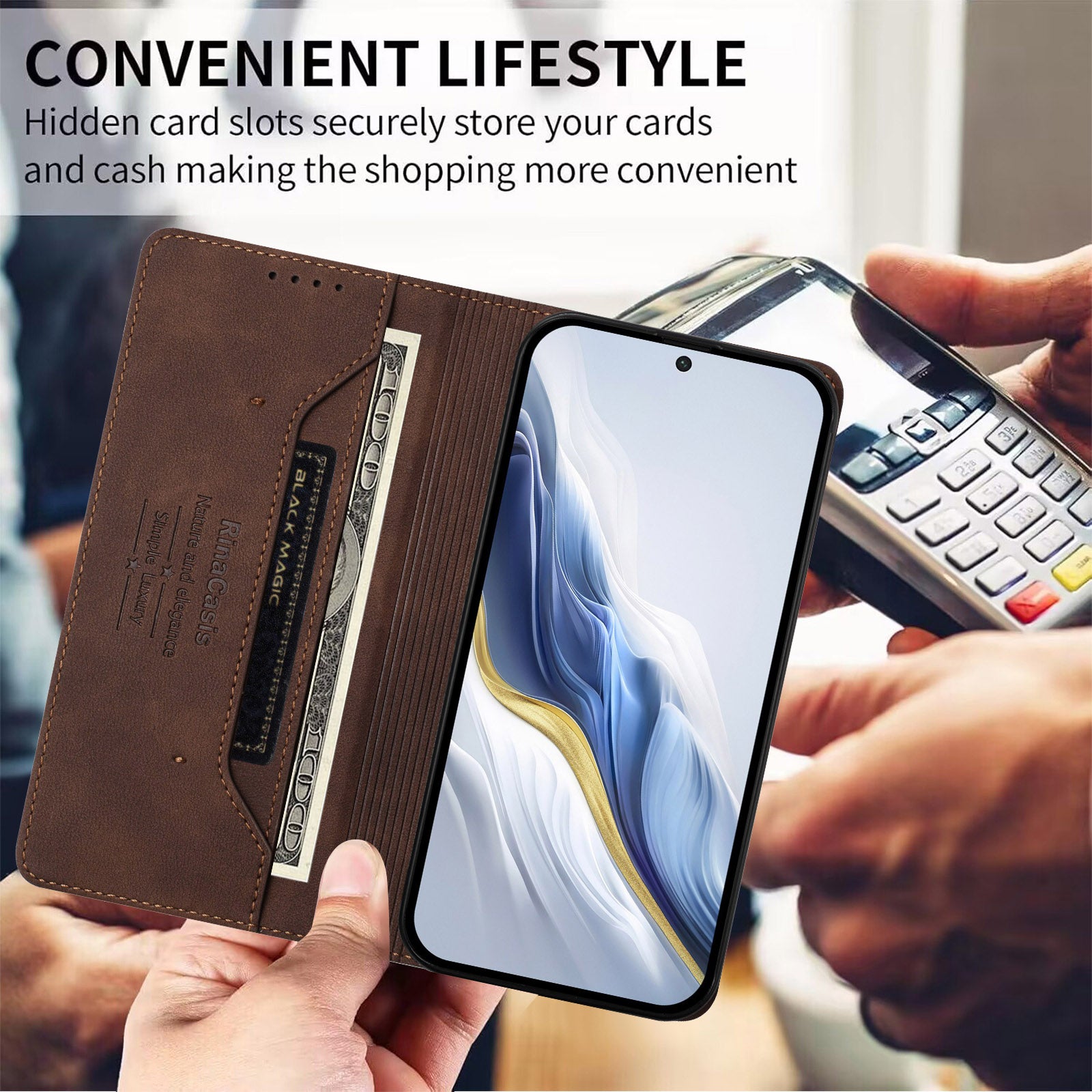 For vivo X300 Pro 5G Case RINACASIS RC23 RFID Blocking Wallet Stand PU Leather Phone Cover - Brown