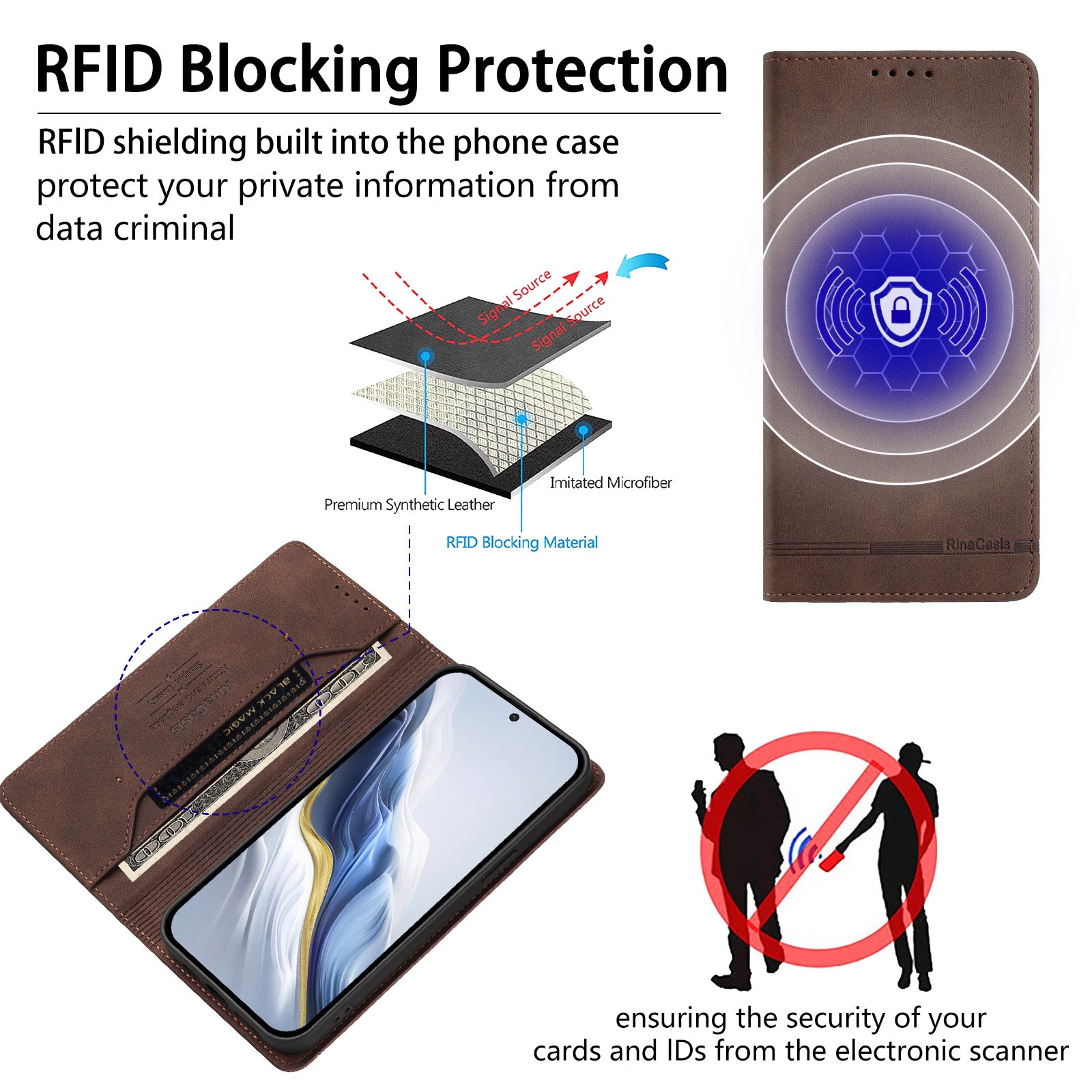 For vivo X300 Pro 5G Case RINACASIS RC23 RFID Blocking Wallet Stand PU Leather Phone Cover - Brown