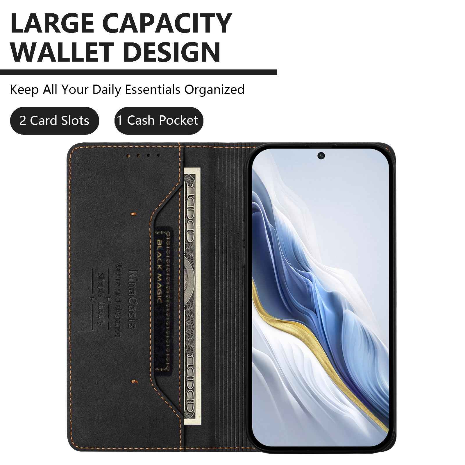 For vivo X300 Pro 5G Case RINACASIS RC23 RFID Blocking Wallet Stand PU Leather Phone Cover - Black