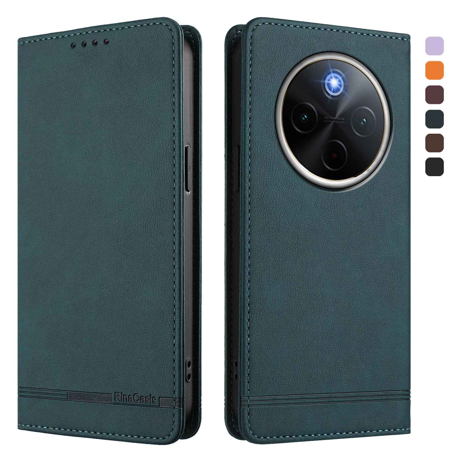 For vivo X300 Pro 5G Case RINACASIS RC23 RFID Blocking Wallet Stand PU Leather Phone Cover - Dark Green
