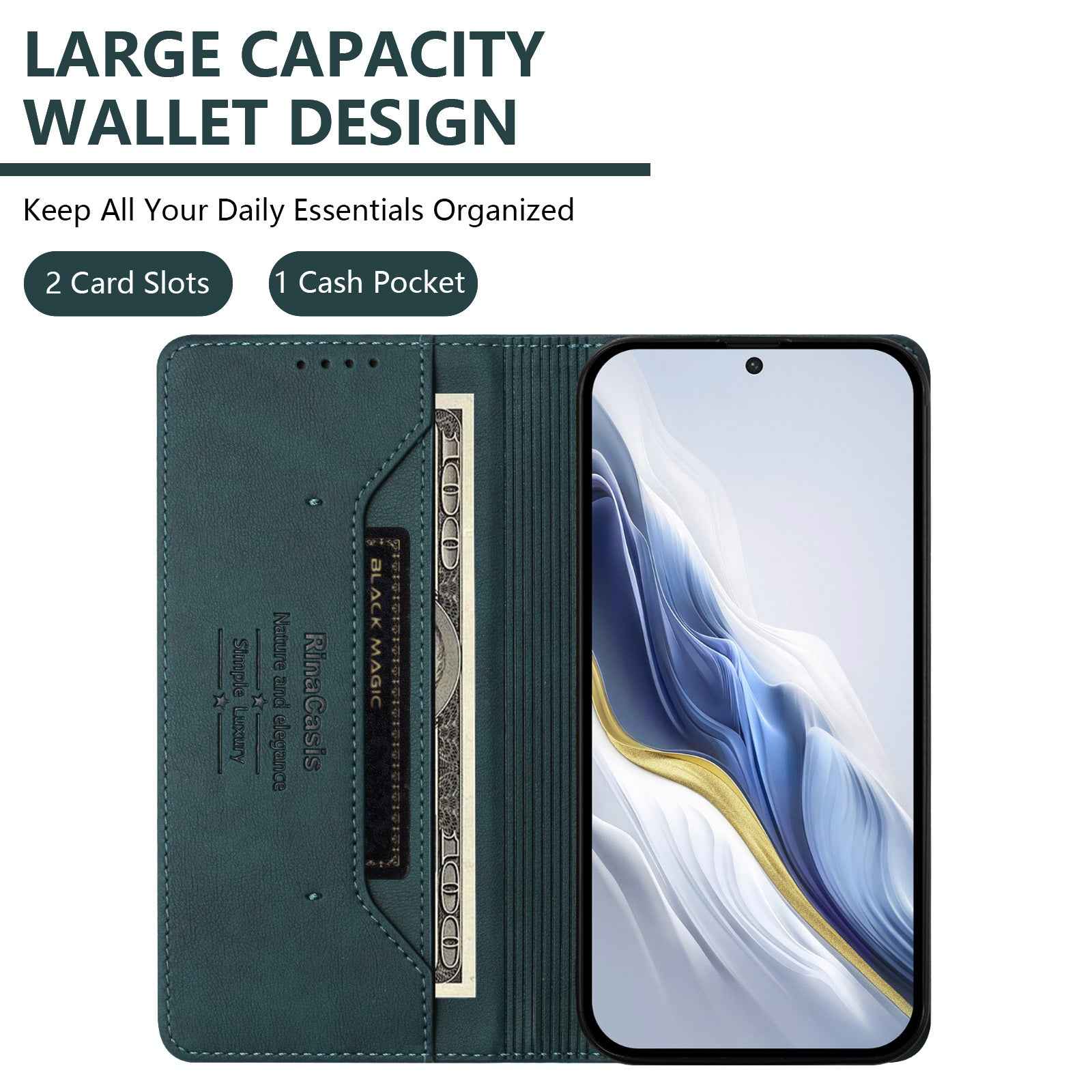 For vivo X300 Pro 5G Case RINACASIS RC23 RFID Blocking Wallet Stand PU Leather Phone Cover - Dark Green