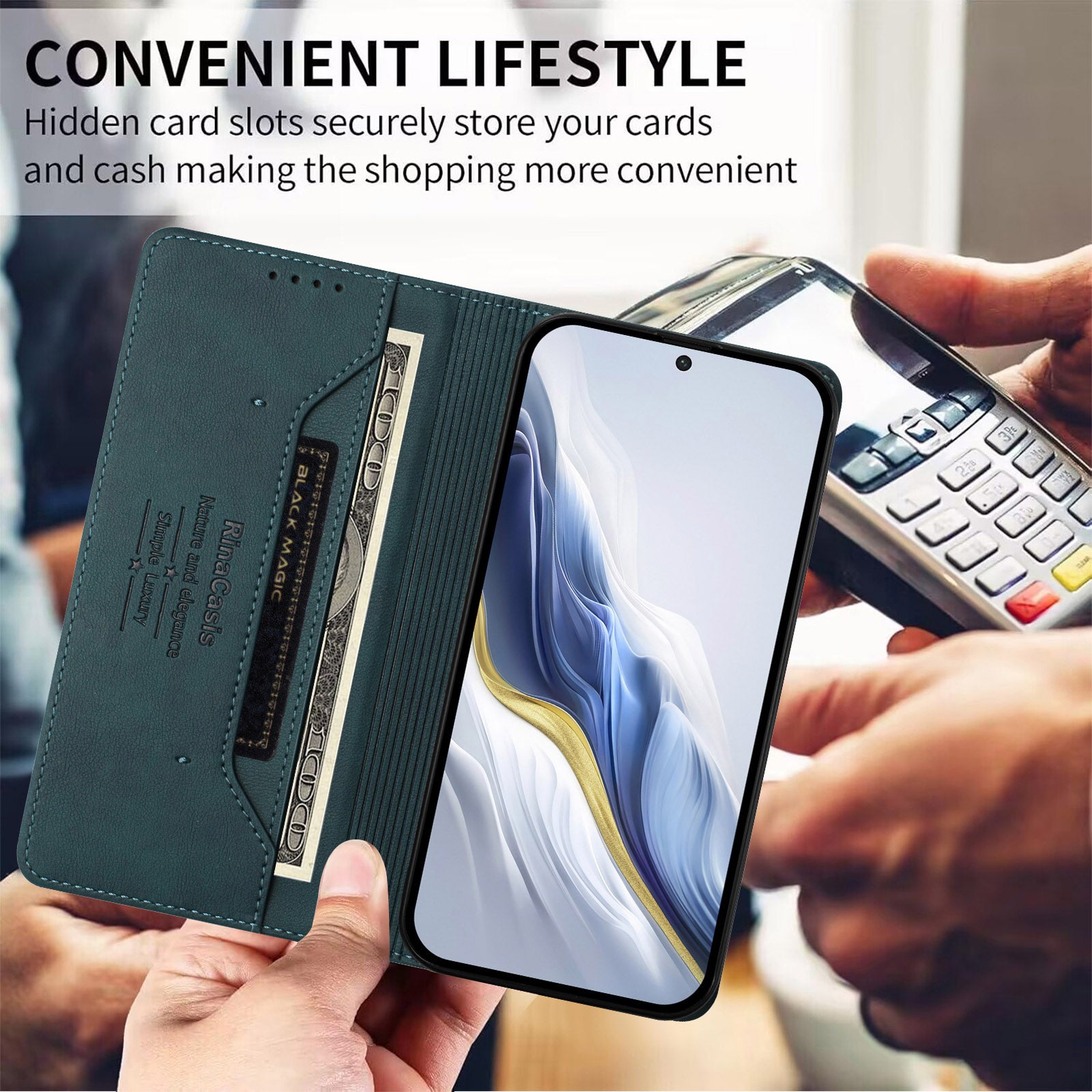 For vivo X300 Pro 5G Case RINACASIS RC23 RFID Blocking Wallet Stand PU Leather Phone Cover - Dark Green