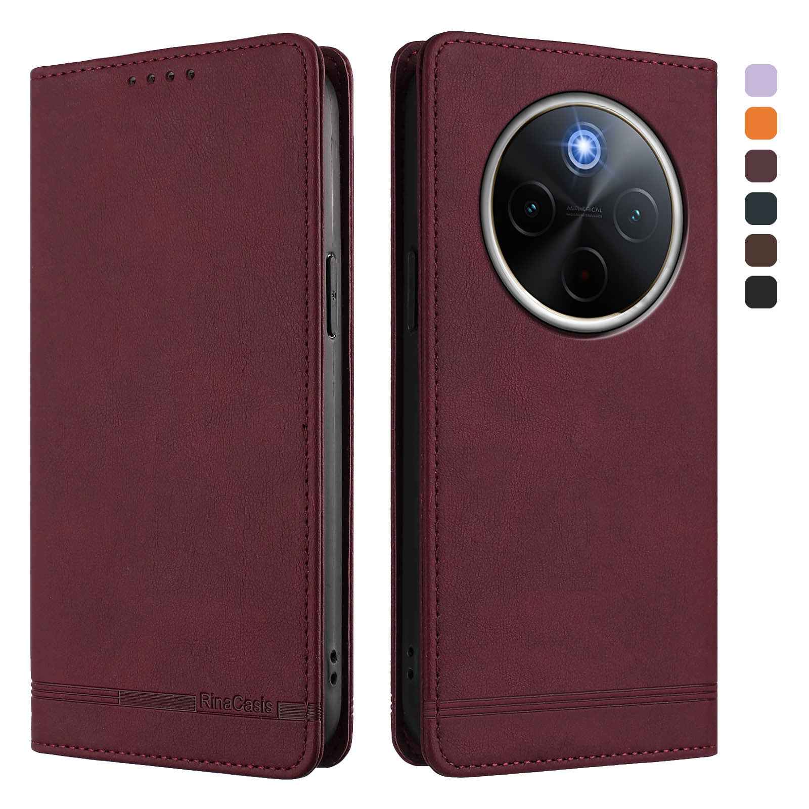 For vivo X300 Pro 5G Case RINACASIS RC23 RFID Blocking Wallet Stand PU Leather Phone Cover - Wine Red