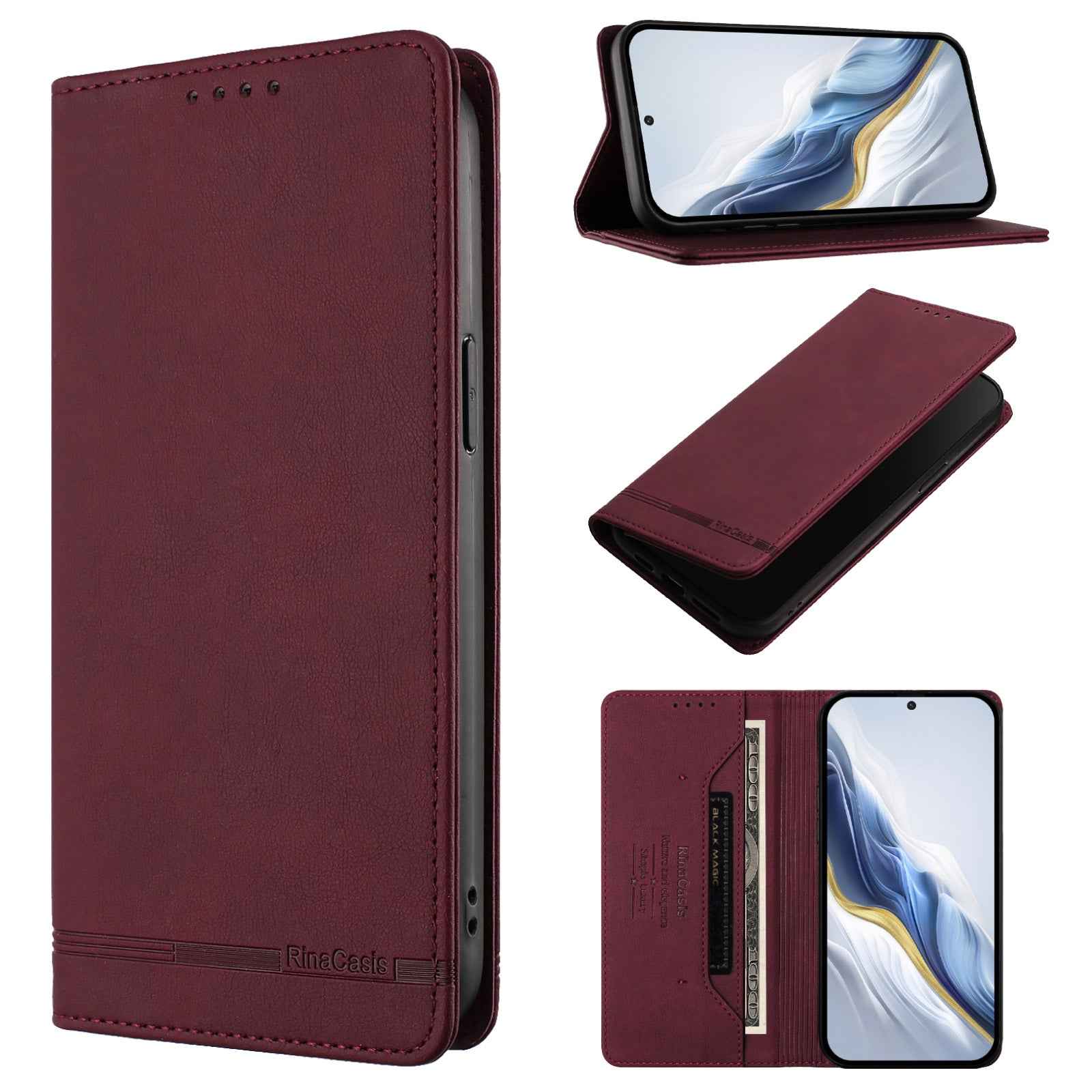 For vivo X300 Pro 5G Case RINACASIS RC23 RFID Blocking Wallet Stand PU Leather Phone Cover - Wine Red