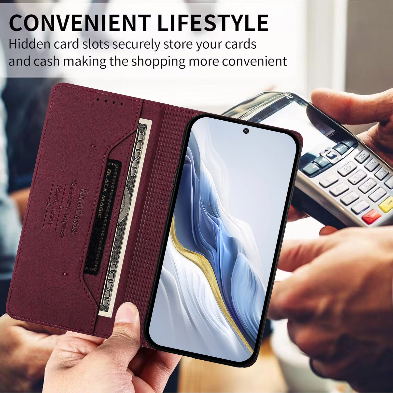 For vivo X300 Pro 5G Case RINACASIS RC23 RFID Blocking Wallet Stand PU Leather Phone Cover - Wine Red