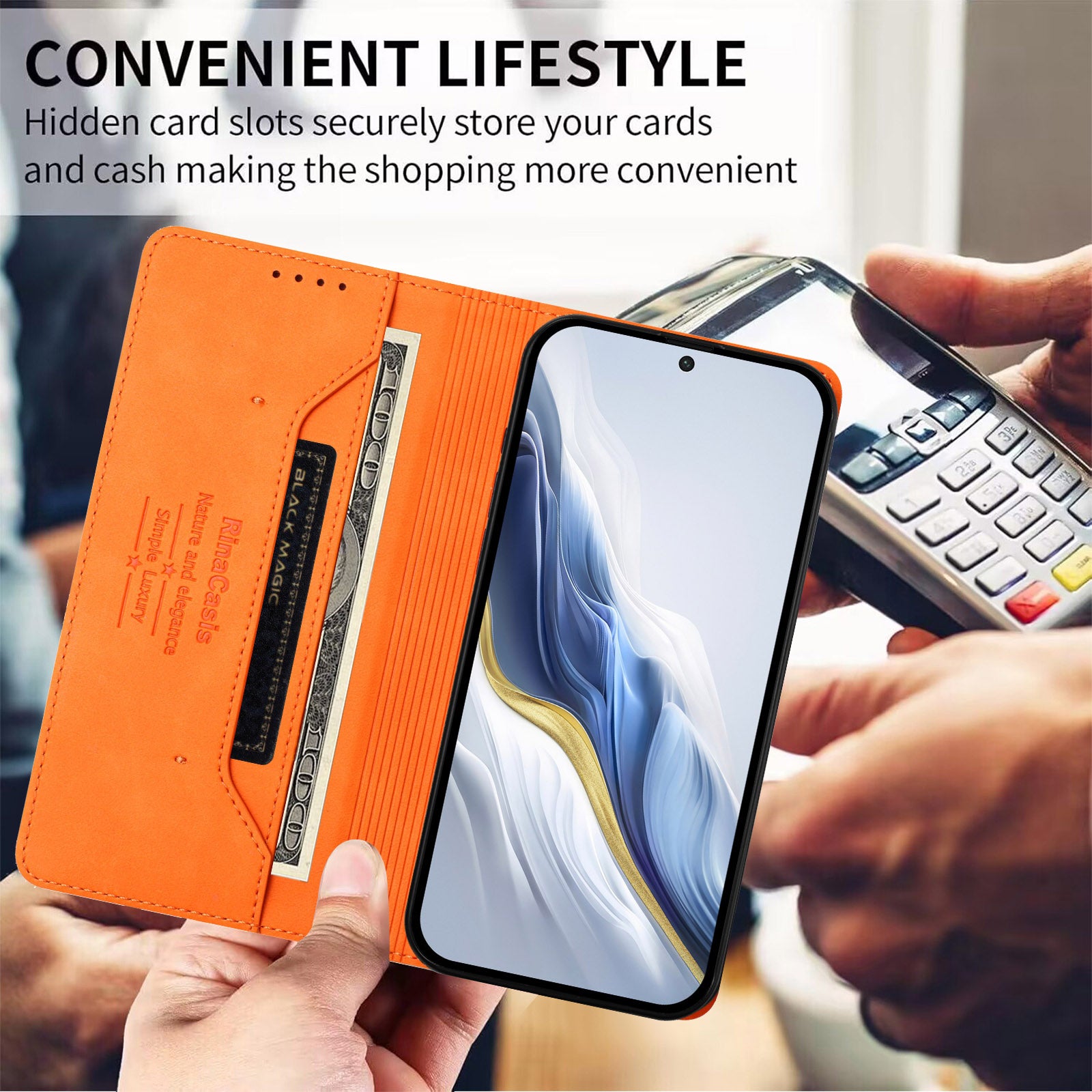 For vivo X300 Pro 5G Case RINACASIS RC23 RFID Blocking Wallet Stand PU Leather Phone Cover - Orange