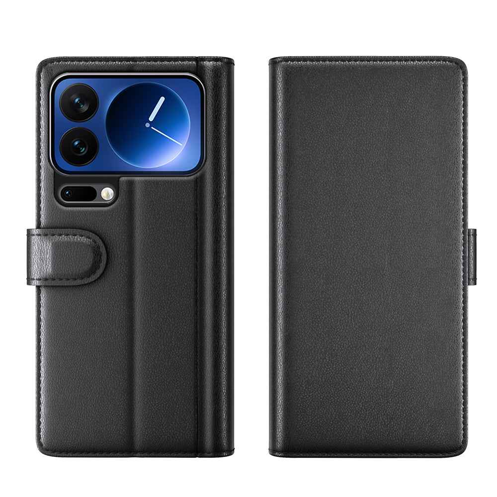 For Xiaomi 17 Pro Case Genuine Split Leather Phone Cover with Wallet Stand -  Black