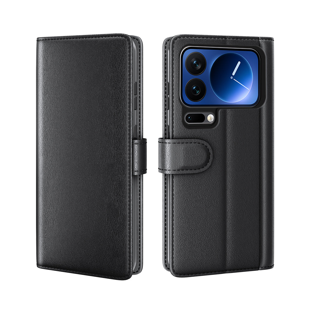For Xiaomi 17 Pro Max Case Genuine Split Leather Phone Cover with Wallet Stand -  Black