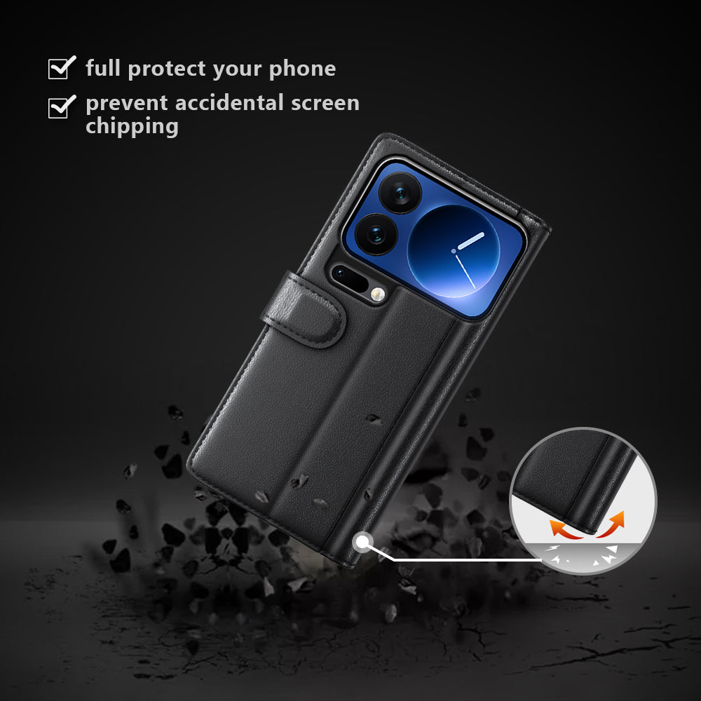 For Xiaomi 17 Pro Max Case Genuine Split Leather Phone Cover with Wallet Stand -  Black