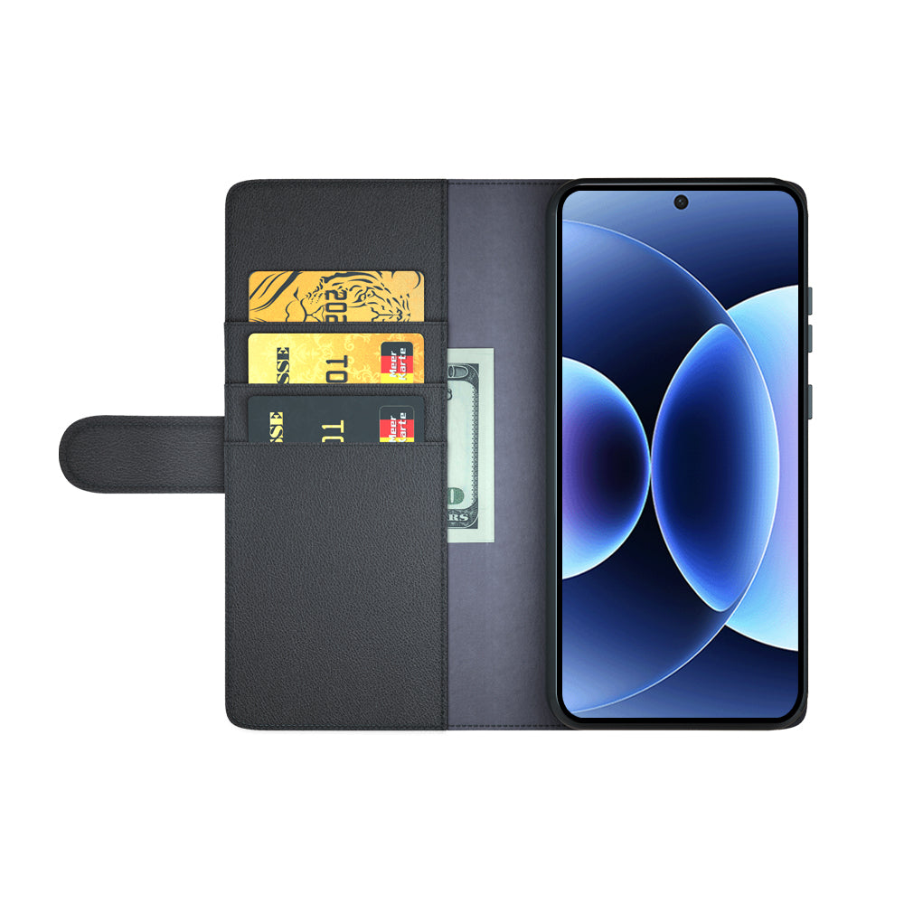 For Xiaomi 17 Pro Max Case Genuine Split Leather Phone Cover with Wallet Stand -  Black