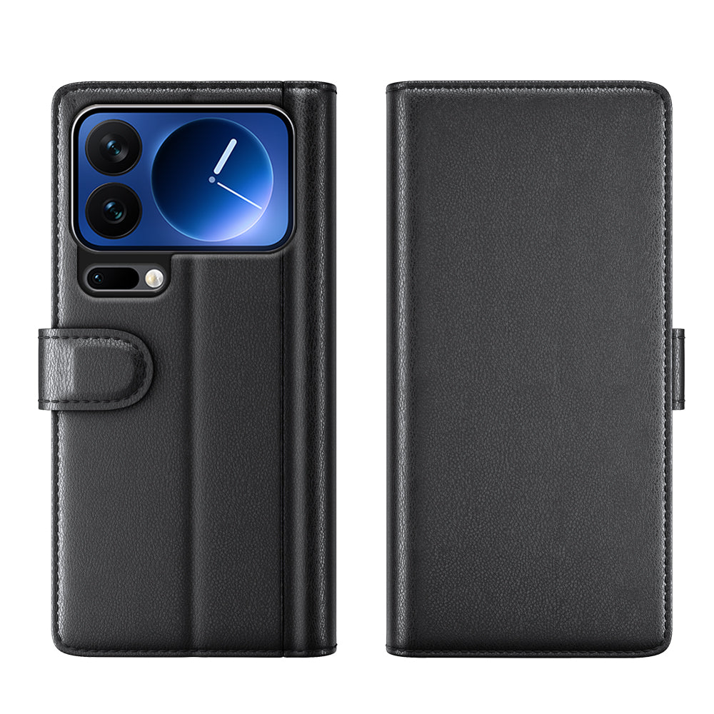 For Xiaomi 17 Pro Max Case Genuine Split Leather Phone Cover with Wallet Stand -  Black