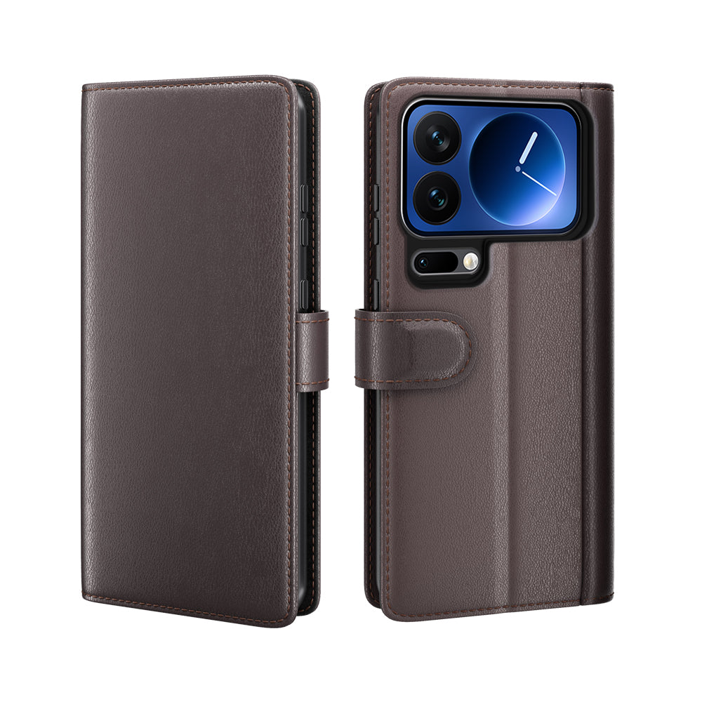 For Xiaomi 17 Pro Max Case Genuine Split Leather Phone Cover with Wallet Stand - Brown