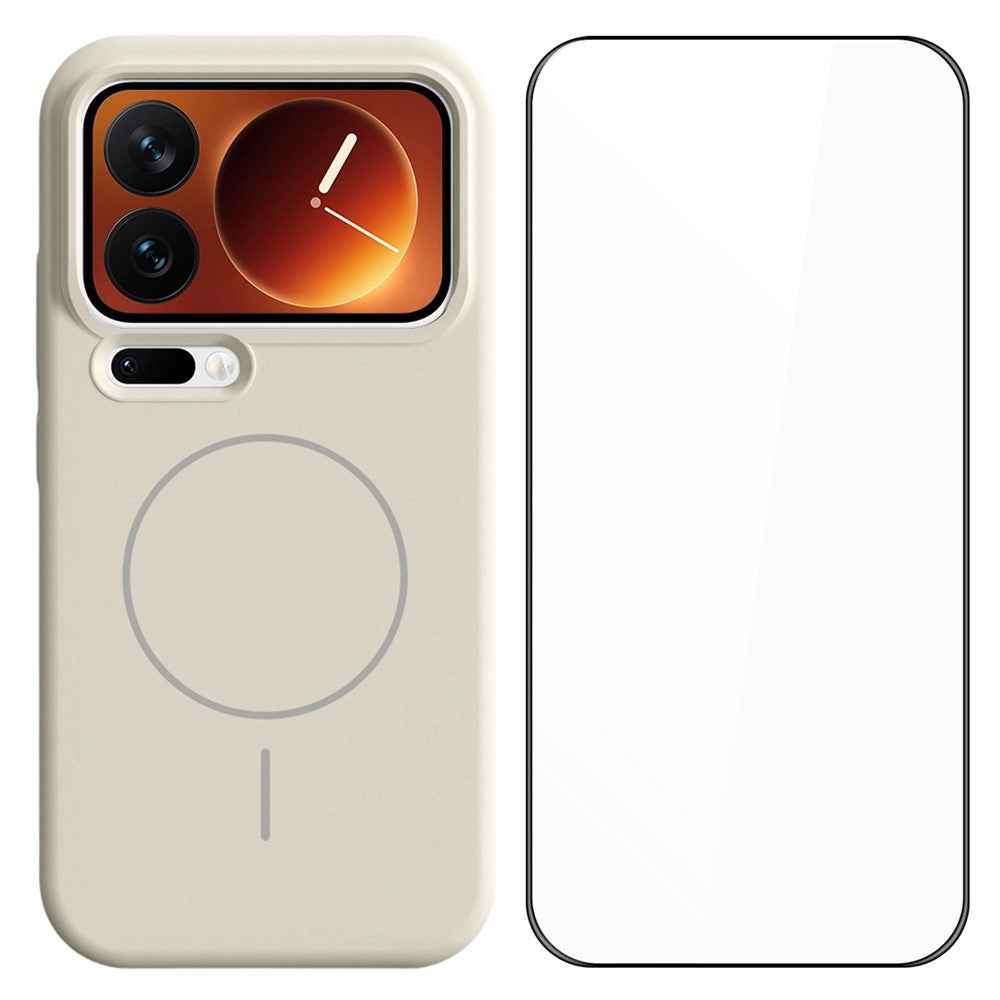 For Xiaomi 17 Pro Liquid Silicone Magnetic Case Shockproof Phone Cover with Screen Protector - Antique White