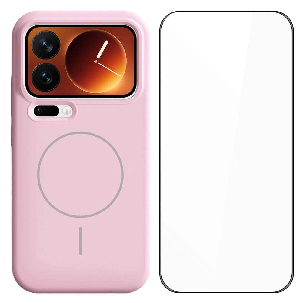 For Xiaomi 17 Pro Liquid Silicone Magnetic Case Shockproof Phone Cover with Screen Protector - Pink