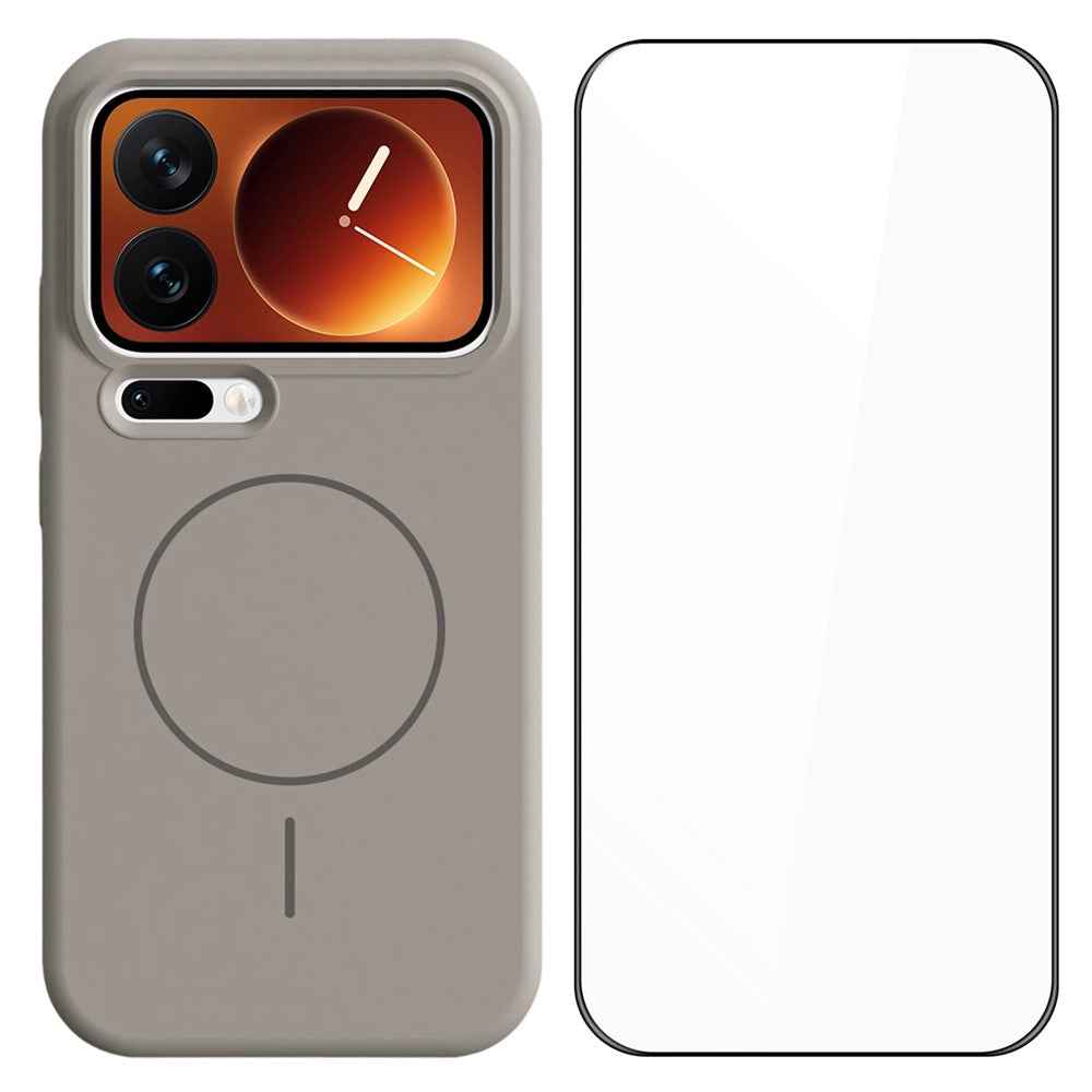 For Xiaomi 17 Pro Liquid Silicone Magnetic Case Shockproof Phone Cover with Screen Protector - Grey