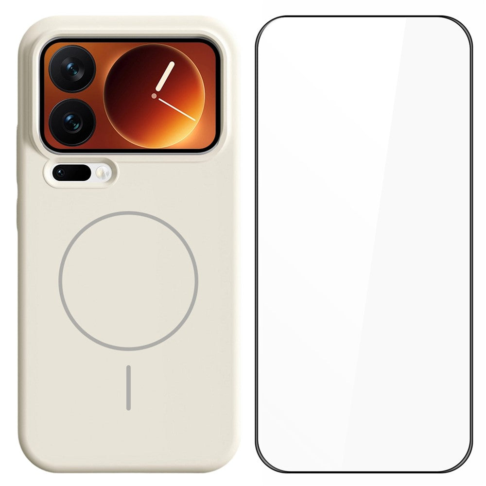 For Xiaomi 17 Pro Max Liquid Silicone Case Magnetic Case Shockproof Phone Cover with Screen Protector - Antique White