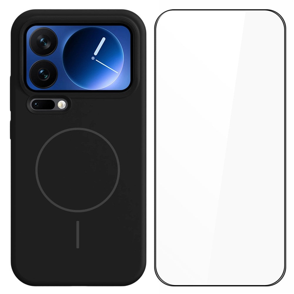 For Xiaomi 17 Pro Max Liquid Silicone Case Magnetic Case Shockproof Phone Cover with Screen Protector - Black