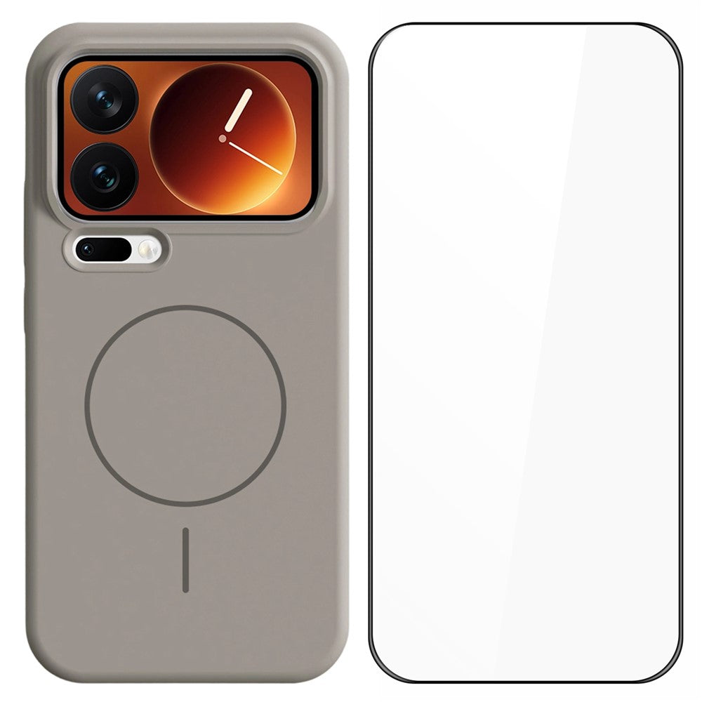 For Xiaomi 17 Pro Max Liquid Silicone Case Magnetic Case Shockproof Phone Cover with Screen Protector - Grey