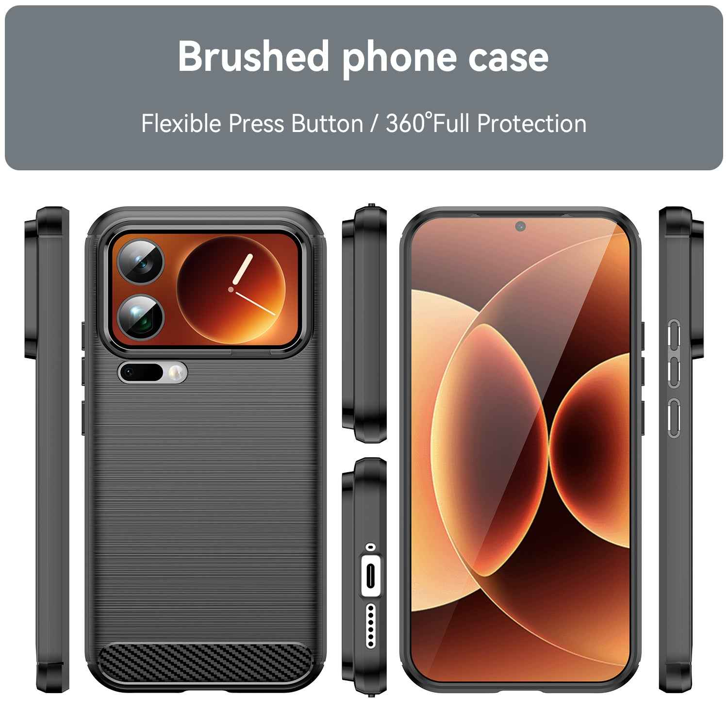 For Xiaomi 17 Pro Case with Screen Film WANLONFENG LS Series Big Lens Hole Brushed Texture TPU Phone Cover - Black