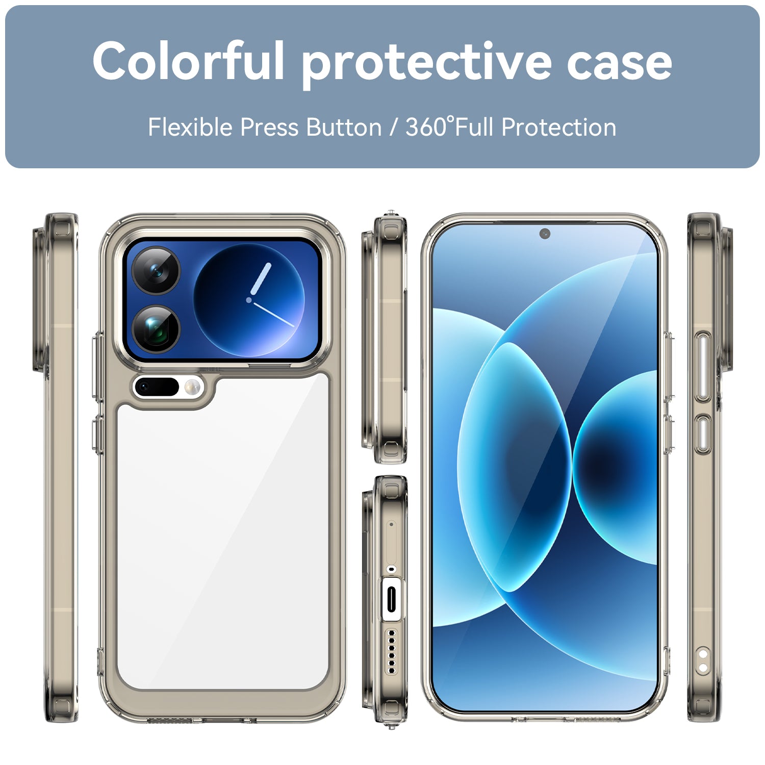 For Xiaomi 17 Pro Max Phone Case WANLONFENG XC Series TPU Acrylic Cover with Tempered Glass (Big Lens Hole) - Transparent Grey
