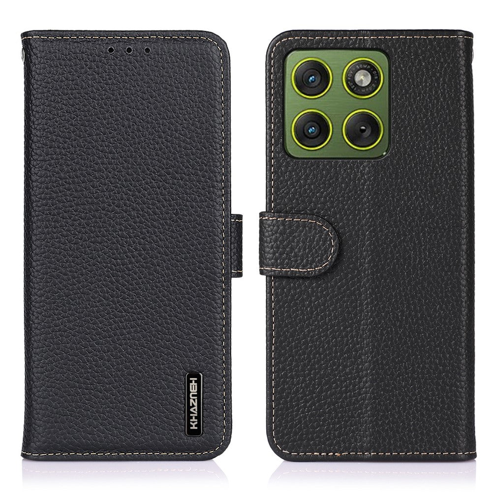 KHAZNEH For Motorola Edge 70 5G Case Genuine Cow Leather Flip Phone Cover - Black