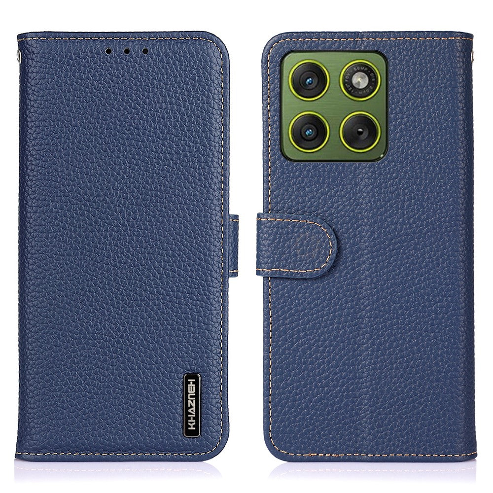 KHAZNEH For Motorola Edge 70 5G Case Genuine Cow Leather Flip Phone Cover - Blue