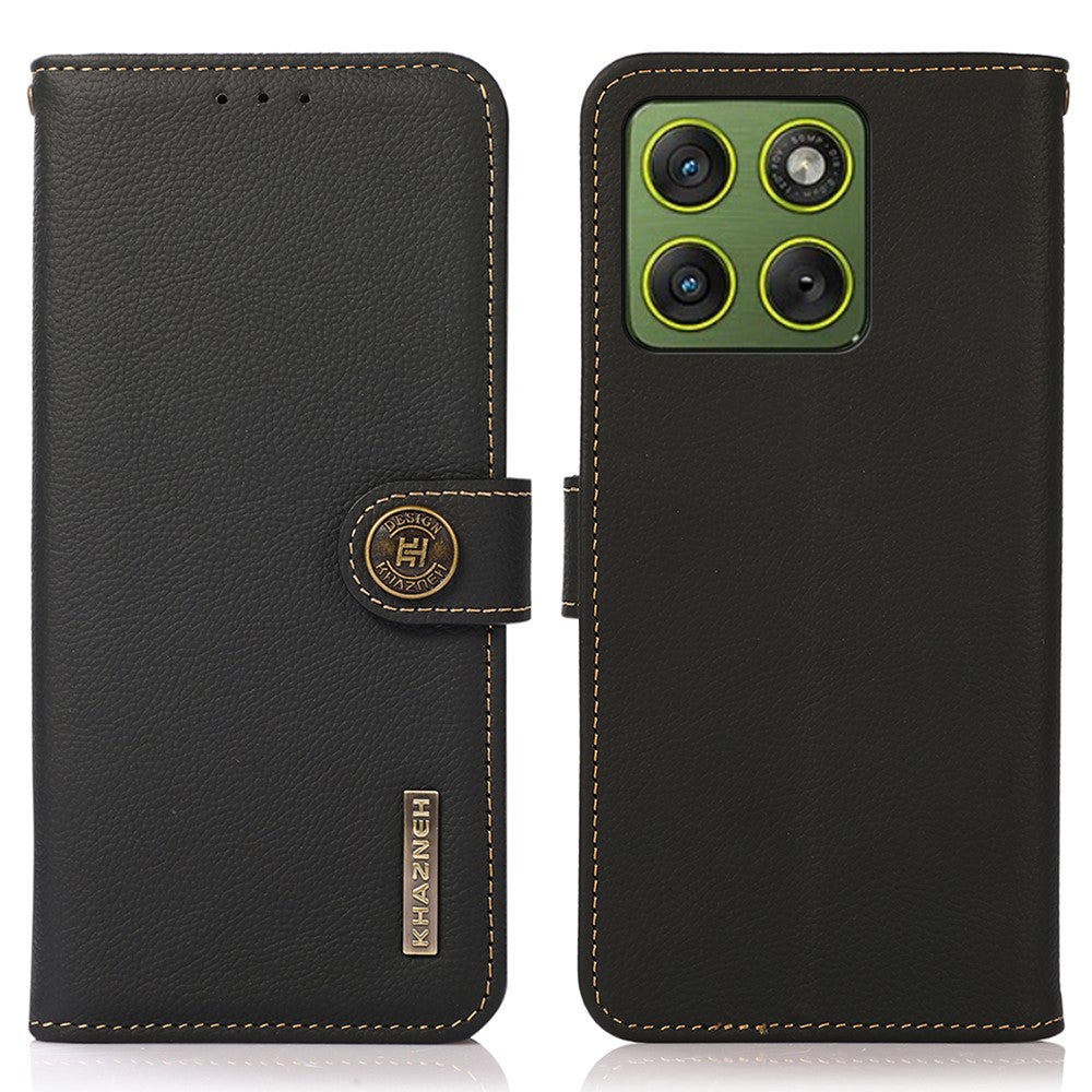 KHAZNEH for Motorola Edge 70 5G Case Genuine Cow Leather RFID Blocking Wallet Phone Cover - Black