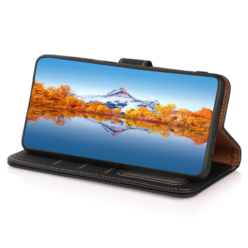 KHAZNEH for Motorola Edge 70 5G Case Genuine Cow Leather RFID Blocking Wallet Phone Cover - Black