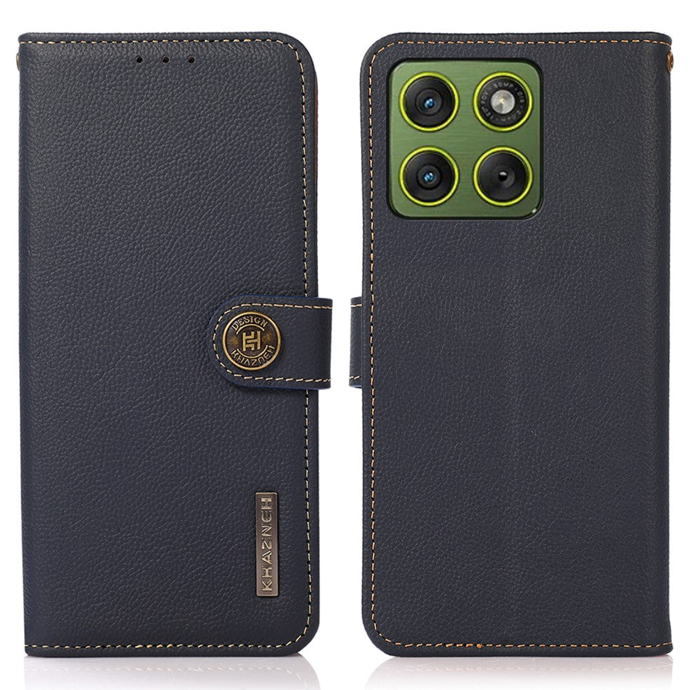KHAZNEH for Motorola Edge 70 5G Case Genuine Cow Leather RFID Blocking Wallet Phone Cover - Blue