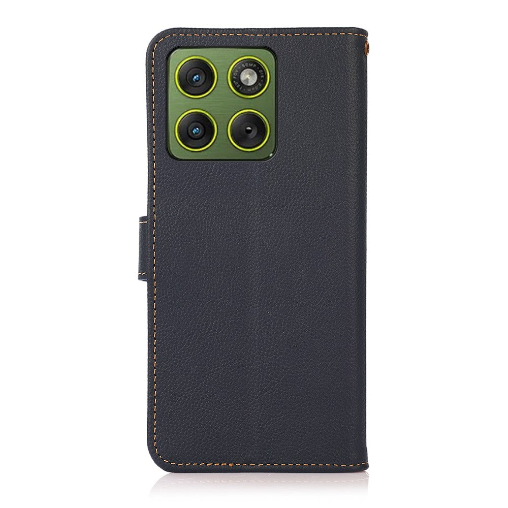 KHAZNEH for Motorola Edge 70 5G Case Genuine Cow Leather RFID Blocking Wallet Phone Cover - Blue