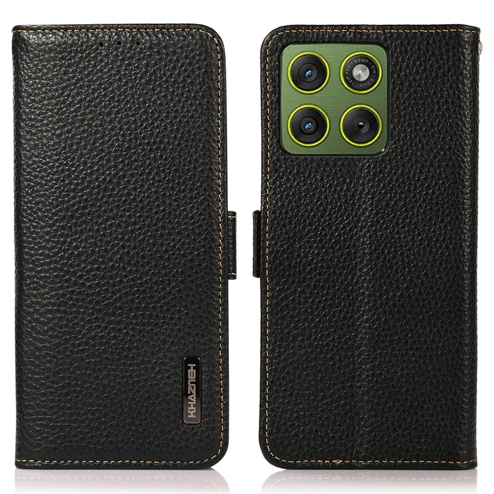 KHAZNEH for Motorola Edge 70 5G Phone Case Genuine Cow Leather Cover RFID Blocking - Black