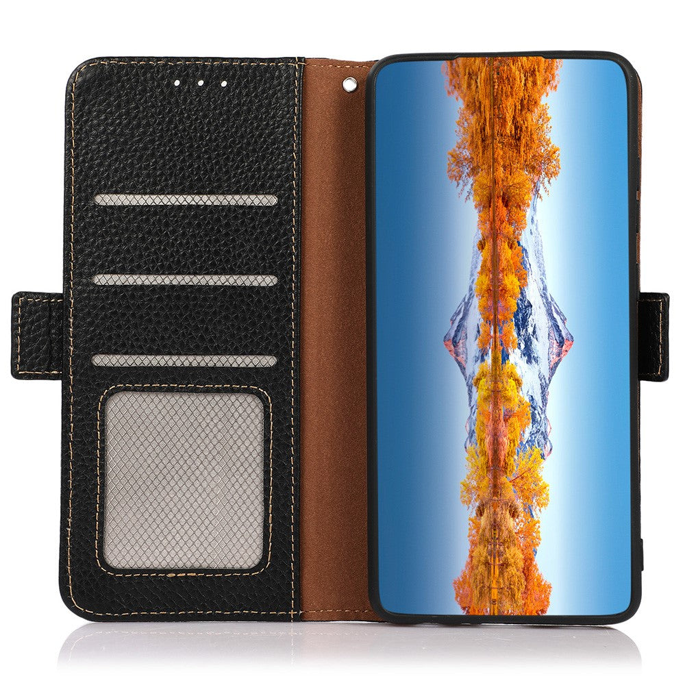 KHAZNEH for Motorola Edge 70 5G Phone Case Genuine Cow Leather Cover RFID Blocking - Black